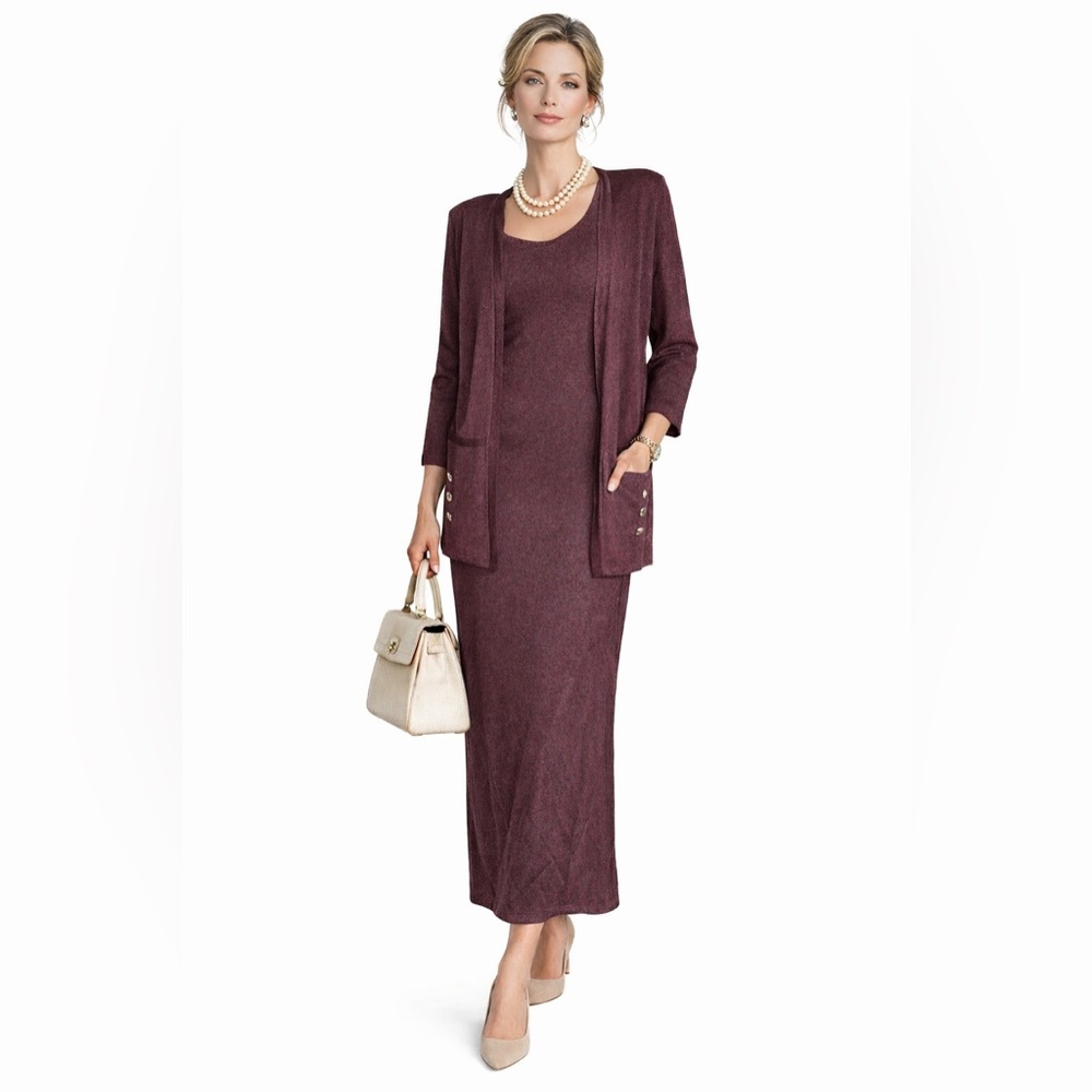 Whirlaway Frocks Vintage Burgundy Knit Dress and Cardigan Set Women’s Size 16WP